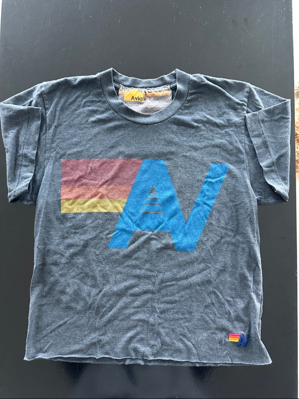 Aviator Nation Gray Vintage Wash T-Shirt with Blue Logo and Red/Yellow Stripe - Picture 3 of 4